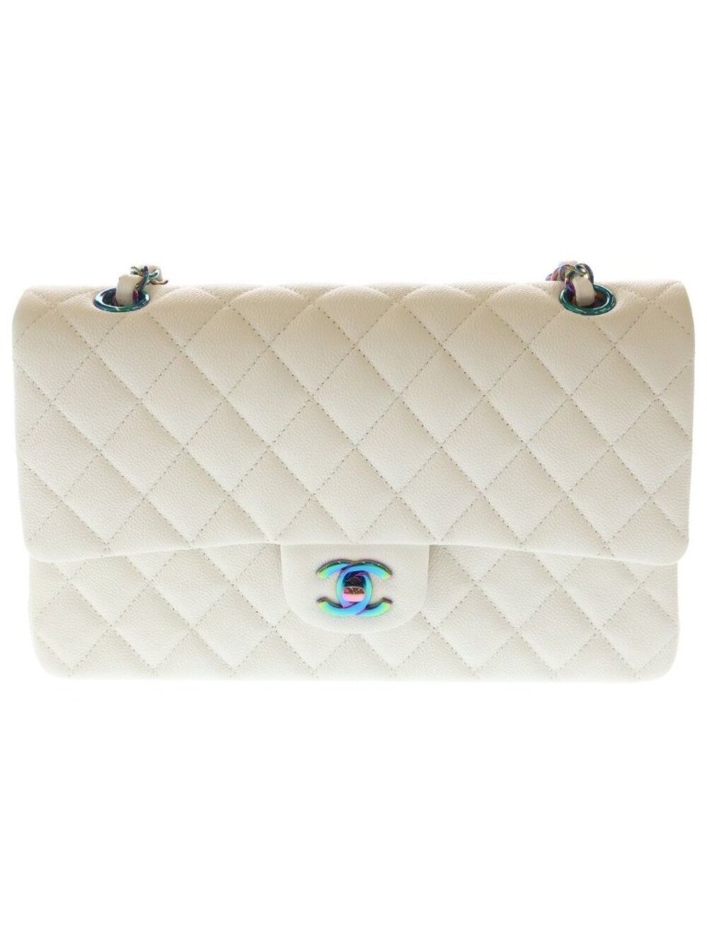 Chanel Quilted 25 Caviar Leather Double Flap Chain Bag White Rainbow